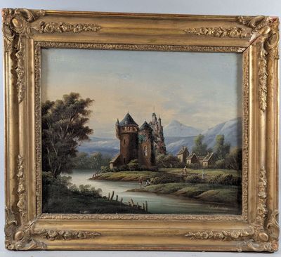 an oil painting of a castle by a river in a golden frame