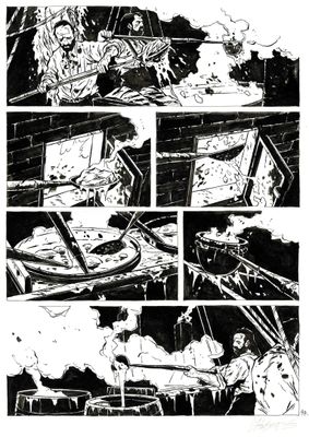 une image en noir et blanc tirée d'une bande dessinée, représentant un homme sur un bateau
