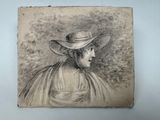 an old drawing of a woman wearing a hat and cloak