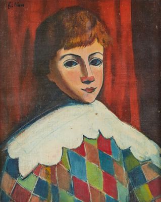 une peinture à l'huile représentant un jeune garçon portant un pull coloré