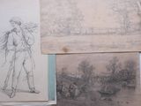several drawings of a man standing in front of a river and a bridge