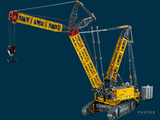a yellow crane that is sitting on top of a blue background