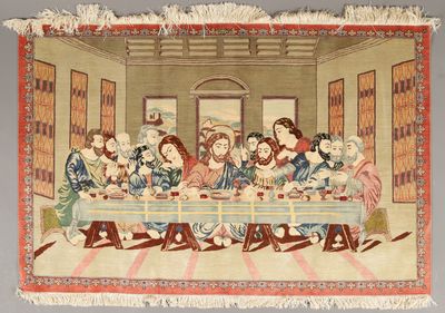 une image représentant une tapisserie sur laquelle figure un groupe de personnes assises à une table