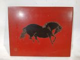 painting of a black horse running on a red background