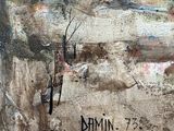 an image of a painting of a building with a clock on it ' s side