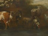 a painting of a group of cows and sheep by a stream