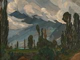 peinture représentant un paysage avec une montagne au loin et des arbres au premier plan