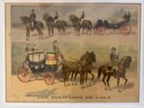 a picture of a horse drawn carriage being pulled by two men