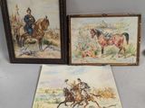 trois tableaux encadrés représentant des hommes à cheval et un chien