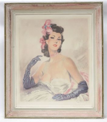 painting of a woman in a white dress with gloves and a pink flower in her hair