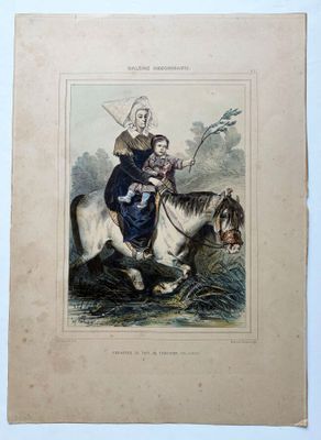 une vieille gravure représentant une femme à cheval avec un enfant sur le dos