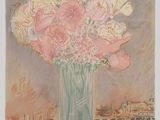 tableau représentant un vase de fleurs posé sur une table, avec une vue de la ville en arrière-plan