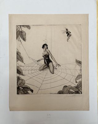 drawing of a woman sitting on a spider web with a spider in the background