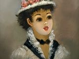 painting of a woman in a white hat with flowers in her hair