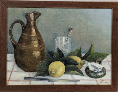 a painting of a pitcher, lemons, and a knife on a table
