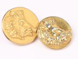 two gold colored buttons with a lion head on them on a white surface