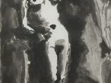 dessin en noir et blanc représentant une femme nue debout devant un rideau