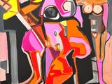 abstract painting of a woman with a guitar and a man with a dog