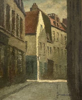 peinture d'une scène de rue avec des bâtiments et une personne marchant dans la rue