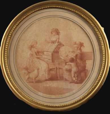 an old picture of a woman playing a piano with two children