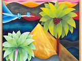 un tableau représentant un palmier et un oiseau dans le ciel