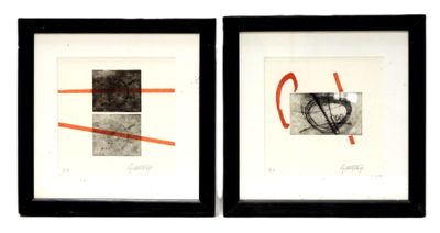 two framed photographs of a couple of black frames with red lines on them