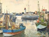 painting of a harbor scene with boats and a lighthouse in the background