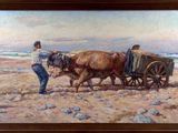 a painting of a man plowing a field with two horses
