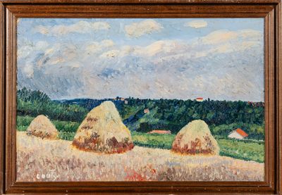 an oil painting of hay bales in a field with a blue sky in the background