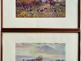 two framed paintings of horses and riders in a field