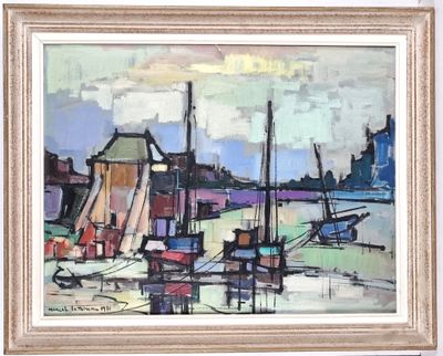 une peinture représentant une scène portuaire avec des bateaux dans l'eau
