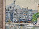 a painting of a harbor scene with boats in the water