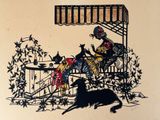 a drawing of a woman sitting on a bench with a dog