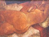 a painting of a nude woman laying on a bed