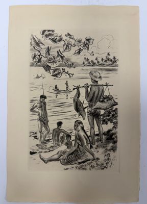 un vieux dessin représentant un groupe de personnes sur une plage