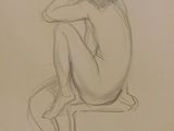 drawing of a nude woman sitting on a stool with her hand on her head