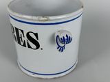a white bucket with a blue and white logo on it