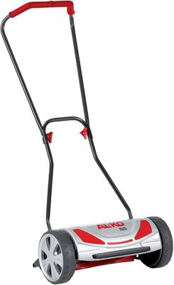 a red and black lawn mower on a white background