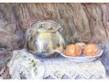 a painting of a bowl of oranges and a teapot on a table