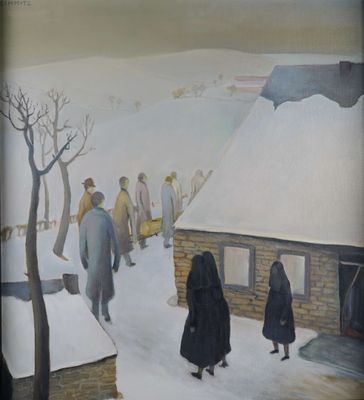 a painting of a group of people walking in the snow
