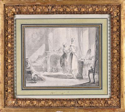 an old picture of a man and a woman standing in front of a bed