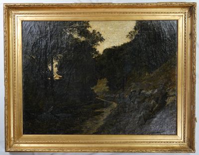une peinture à l'huile représentant un oiseau survolant une rivière au milieu d'une zone boisée