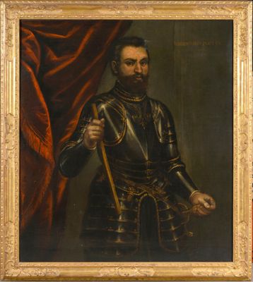 un tableau représentant un homme en armure tenant un bâton
