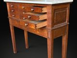 an image of a wooden table with drawers and a marble top