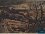 an image of a painting of a landscape with trees in the foreground