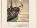 an open book with a picture of a ship in the water