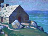 painting of a house on a cliff overlooking the ocean