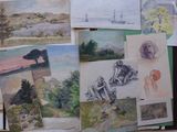 many pictures of people and animals on the wall
