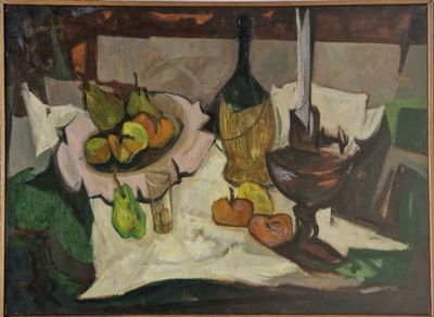 une peinture représentant une peinture d'un plateau de fruits et d'une bouteille posés sur une table