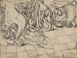 an image of a black and white drawing of a woman on a couch